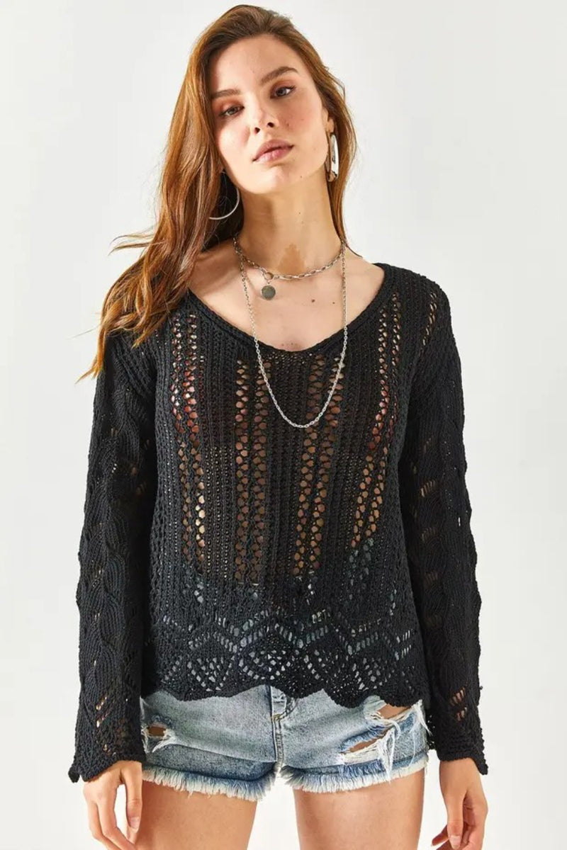Spanish Sleeve Geometric-Detail Cotton Knit Blouse
