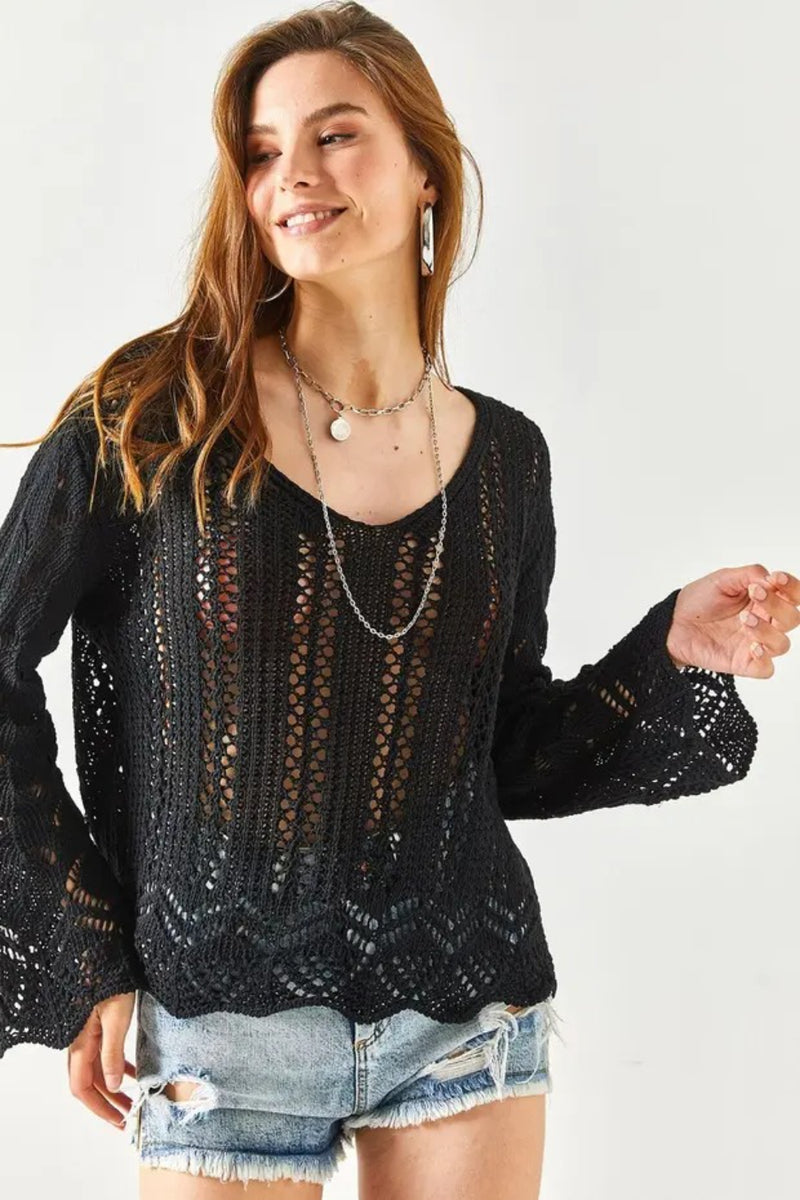 Spanish Sleeve Geometric-Detail Cotton Knit Blouse
