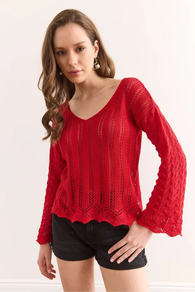 Spanish Sleeve Geometric-Detail Cotton Knit Blouse
