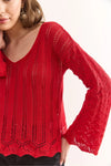 Spanish Sleeve Geometric-Detail Cotton Knit Blouse