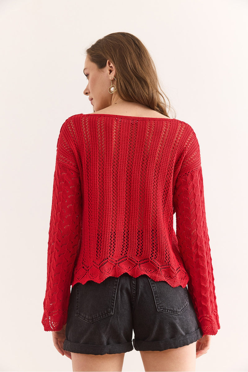 Spanish Sleeve Geometric-Detail Cotton Knit Blouse