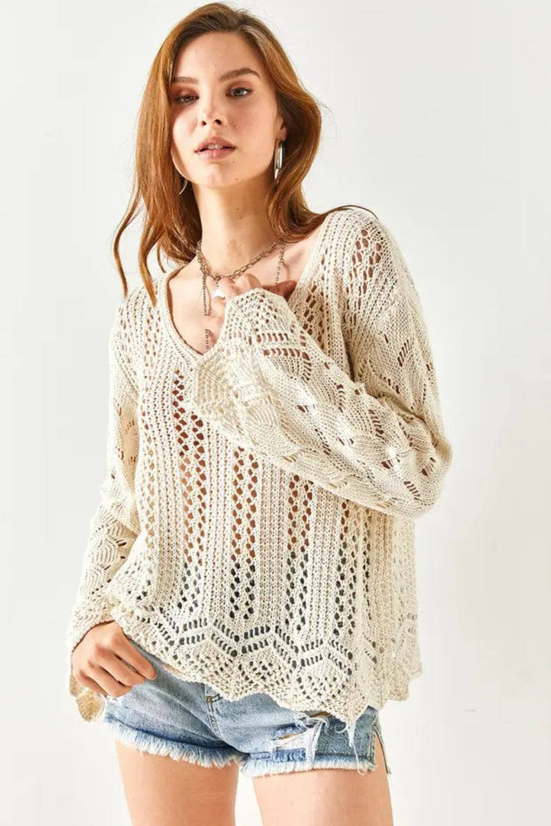 Spanish Sleeve Geometric-Detail Cotton Knit Blouse
