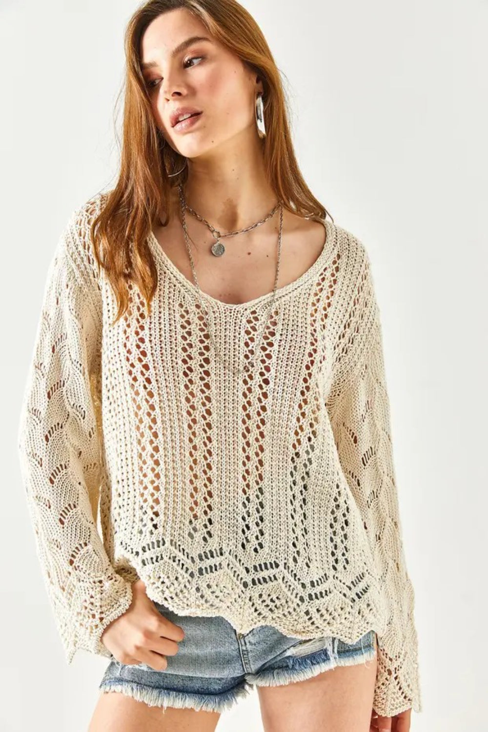 Spanish Sleeve Geometric-Detail Cotton Knit Blouse