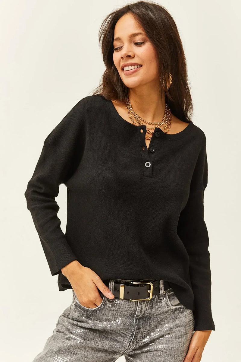 Buttoned Fleece-Lined Loose Sweater