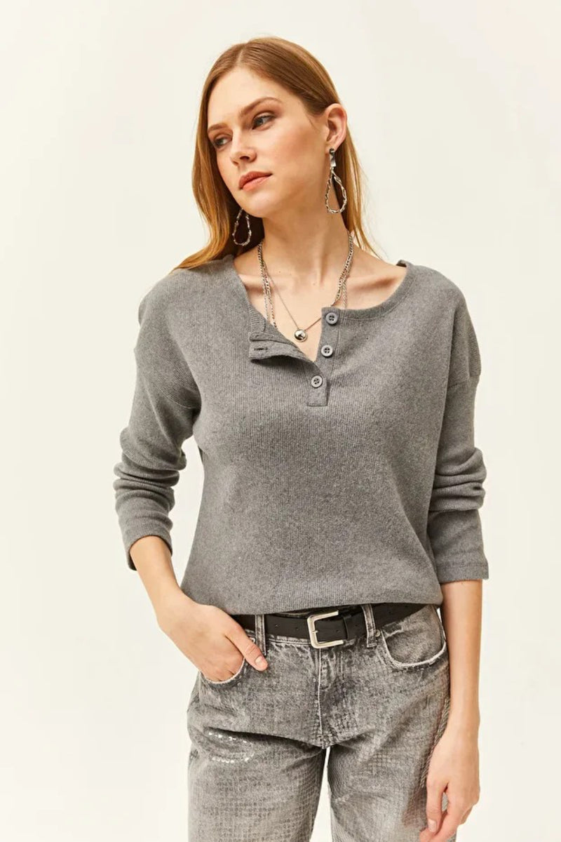 Buttoned Fleece-Lined Loose Sweater