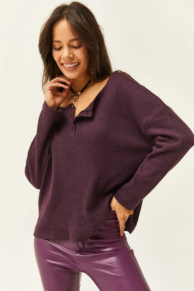 Buttoned Fleece-Lined Loose Sweater