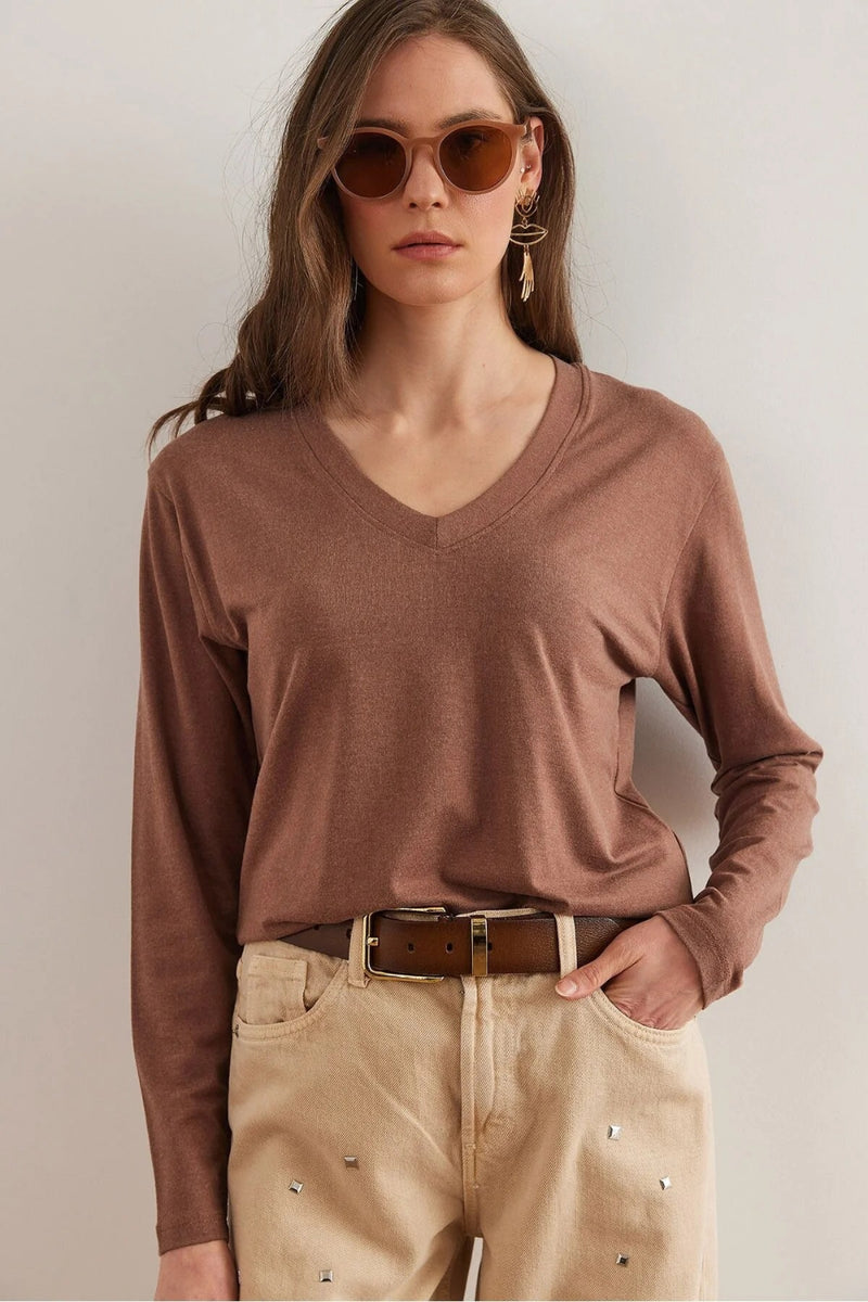 V-Neck Wool-Viscose Draped Sweater