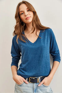 V-Neck Wool-Viscose Draped Sweater