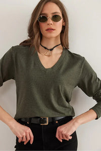 V-Neck Wool-Viscose Draped Sweater