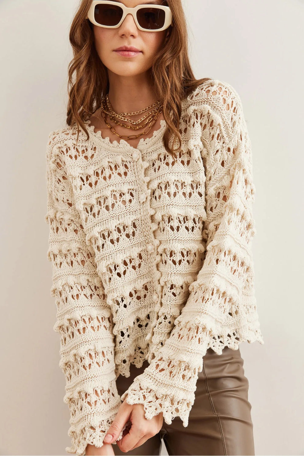 Ecru Collar Detail Openwork Knit Cardigan