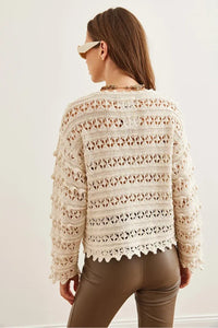Ecru Collar Detail Openwork Knit Cardigan