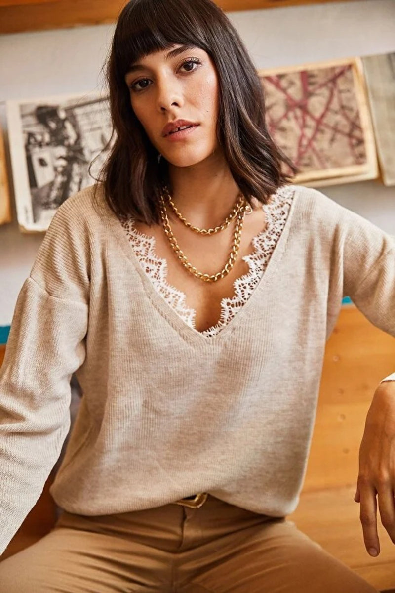 Lace-Collar Knit Blouse