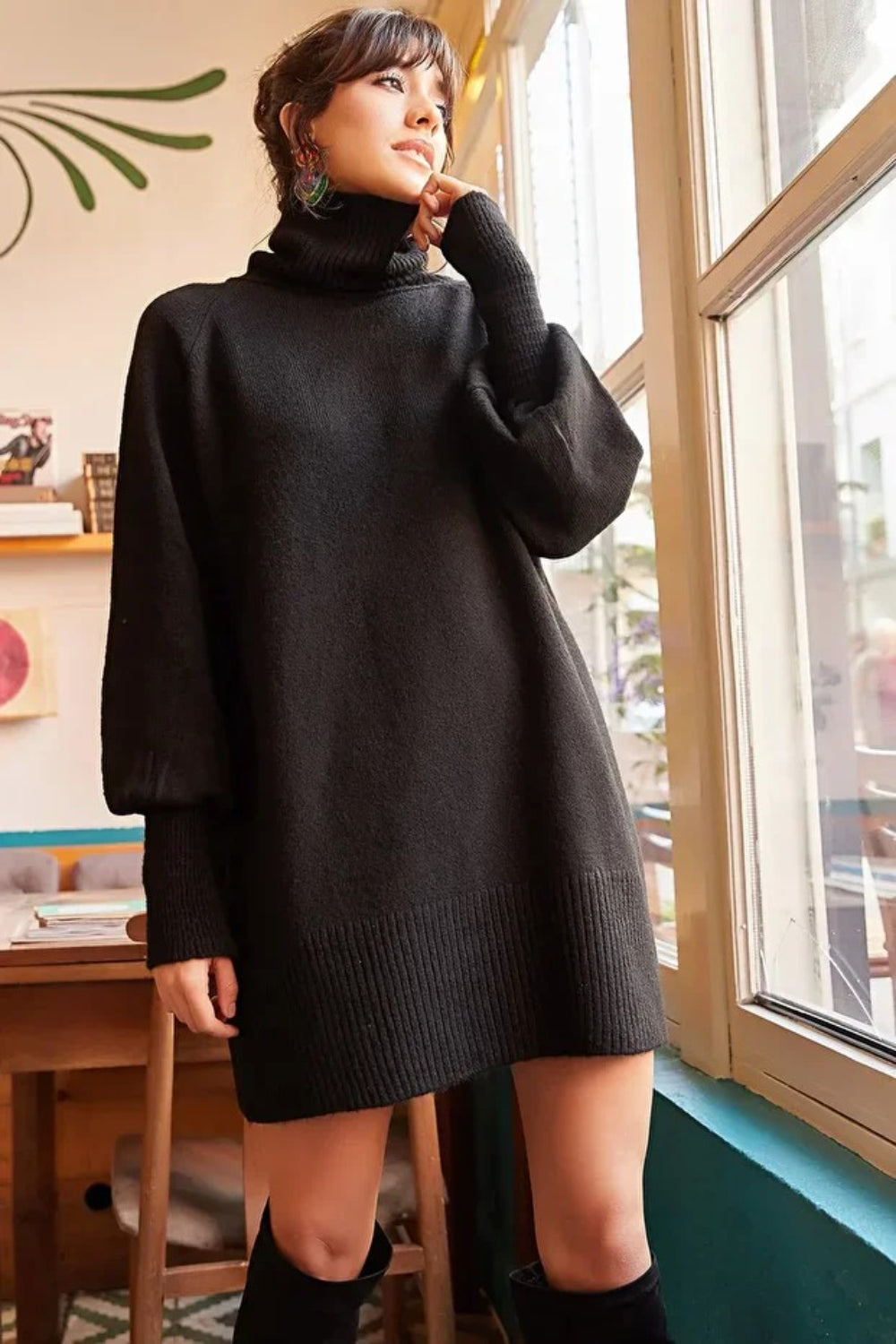 Turtleneck Balloon Sleeve Loose Knit Dress