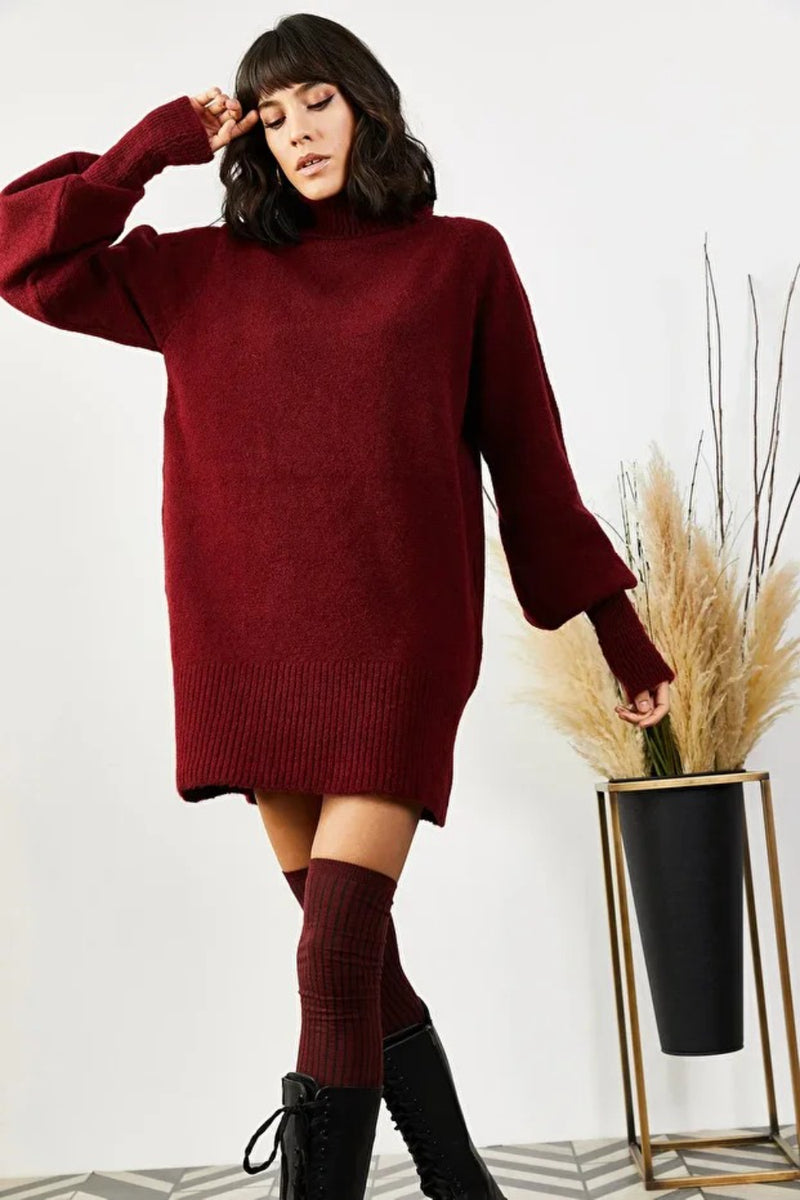 Turtleneck Balloon Sleeve Loose Knit Dress
