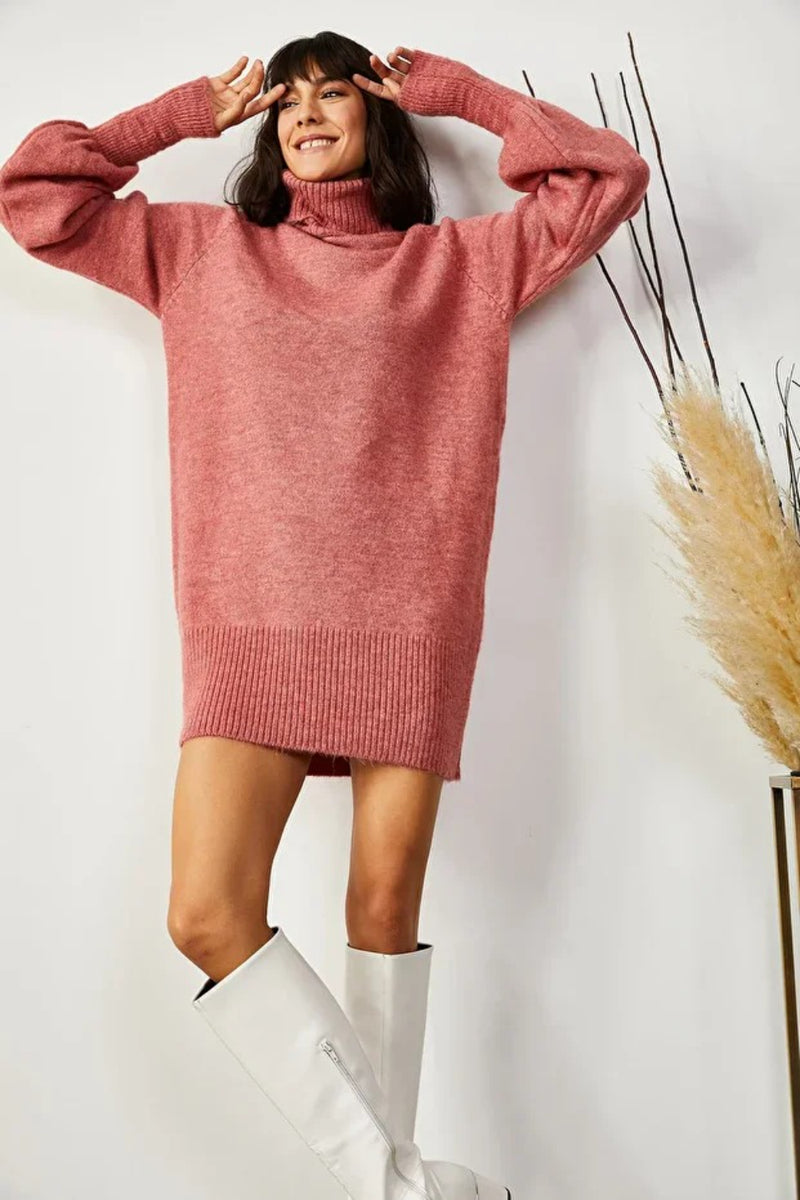 Turtleneck Balloon Sleeve Loose Knit Dress
