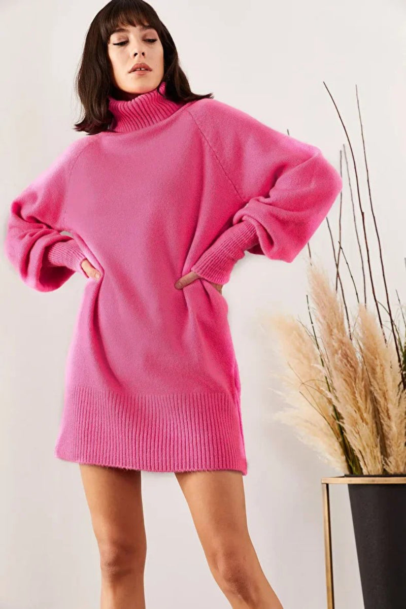 Turtleneck Balloon Sleeve Loose Knit Dress