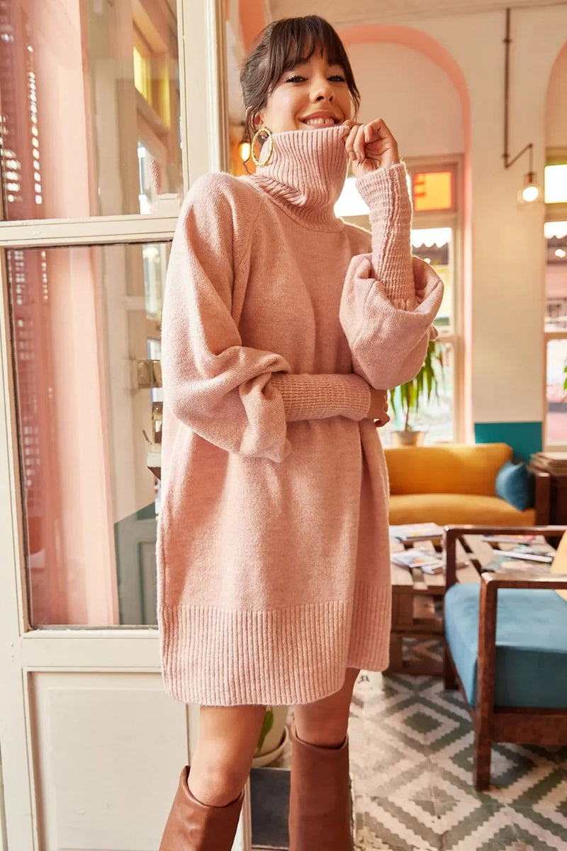 Turtleneck Balloon Sleeve Loose Knit Dress