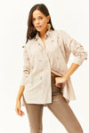 Taupe Shirt with Stone-Embellished Collar and Front, Oval Hem