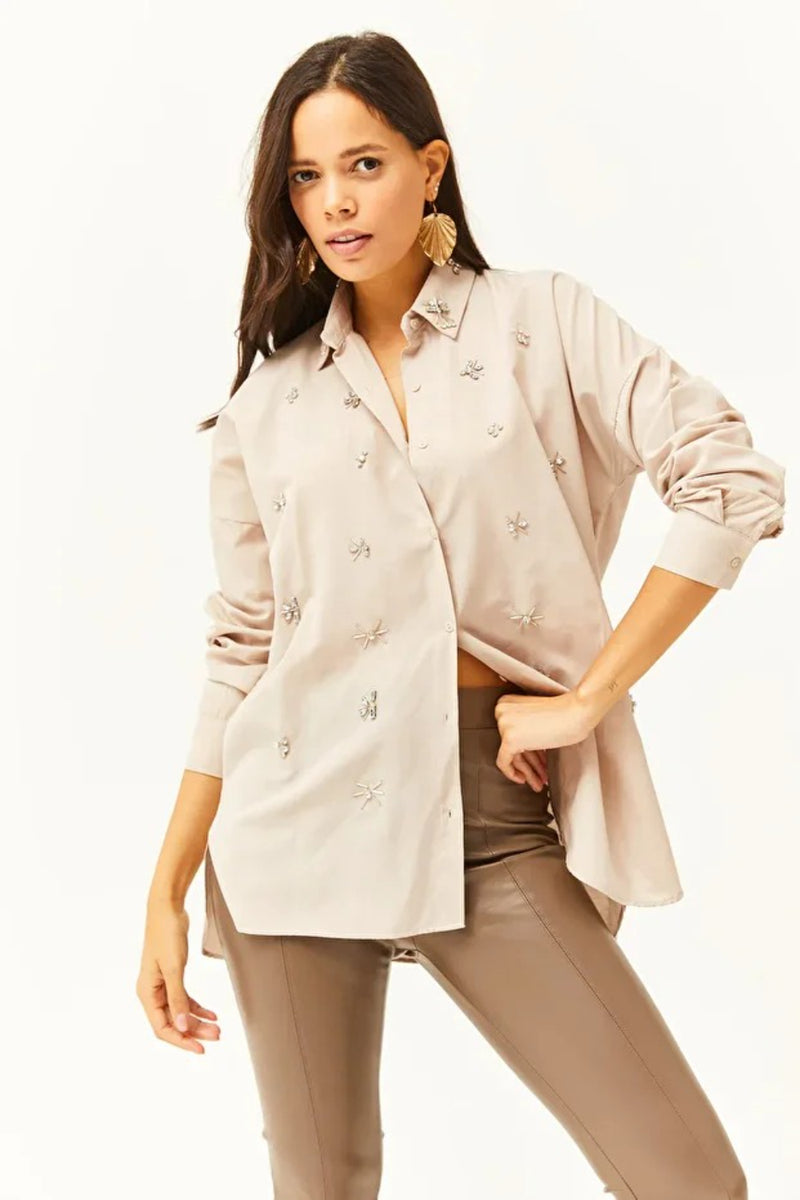Taupe Shirt with Stone-Embellished Collar and Front, Oval Hem
