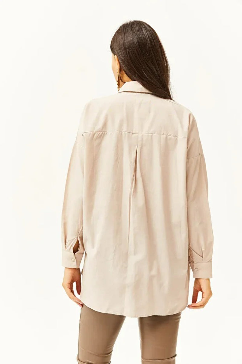 Taupe Shirt with Stone-Embellished Collar and Front, Oval Hem