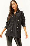 Taupe Shirt with Stone-Embellished Collar and Front, Oval Hem