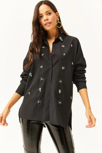 Taupe Shirt with Stone-Embellished Collar and Front, Oval Hem
