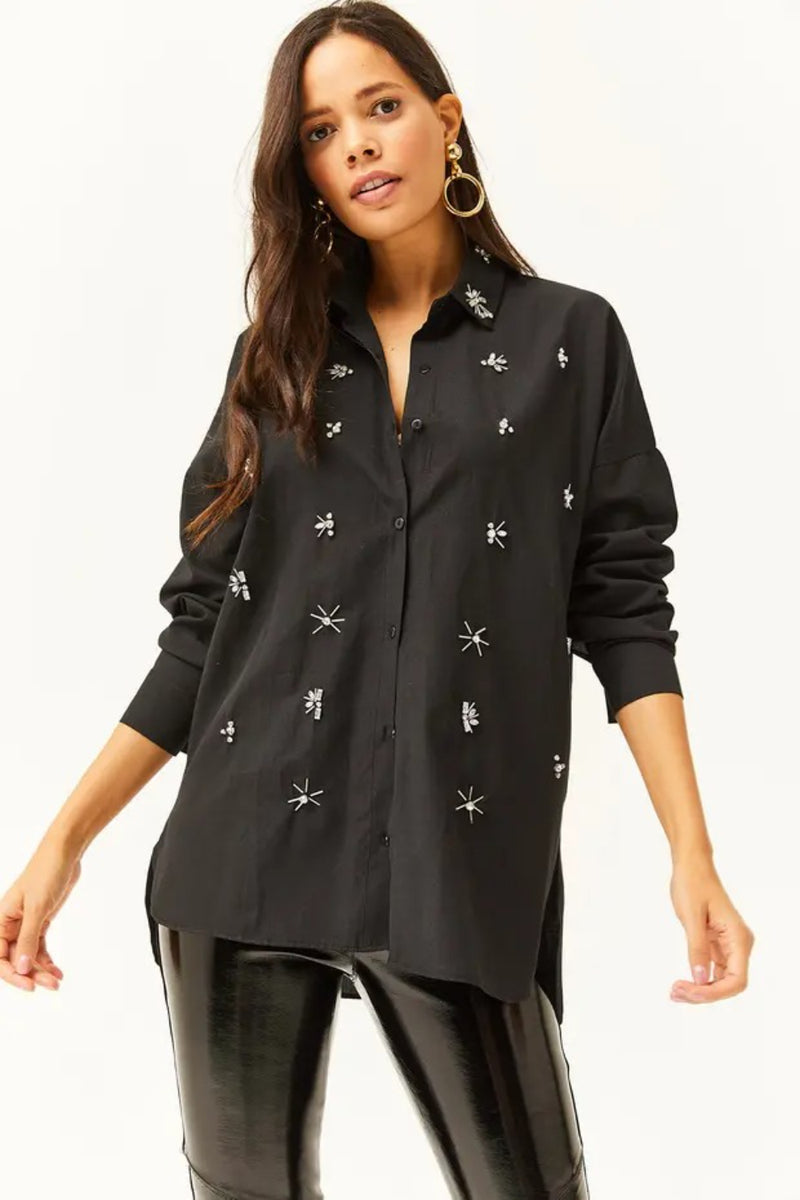 Taupe Shirt with Stone-Embellished Collar and Front, Oval Hem