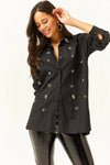Taupe Shirt with Stone-Embellished Collar and Front, Oval Hem
