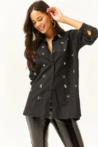 Taupe Shirt with Stone-Embellished Collar and Front, Oval Hem