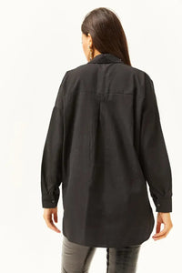 Taupe Shirt with Stone-Embellished Collar and Front, Oval Hem