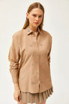 Taupe Shirt with Stone-Embellished Collar and Front, Oval Hem