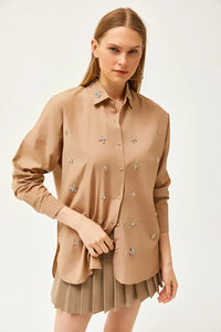 Taupe Shirt with Stone-Embellished Collar and Front, Oval Hem
