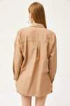 Taupe Shirt with Stone-Embellished Collar and Front, Oval Hem