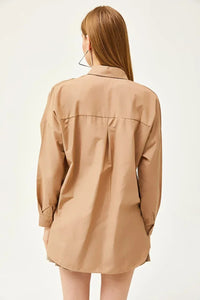 Taupe Shirt with Stone-Embellished Collar and Front, Oval Hem