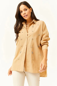 Taupe Shirt with Stone-Embellished Collar and Front, Oval Hem
