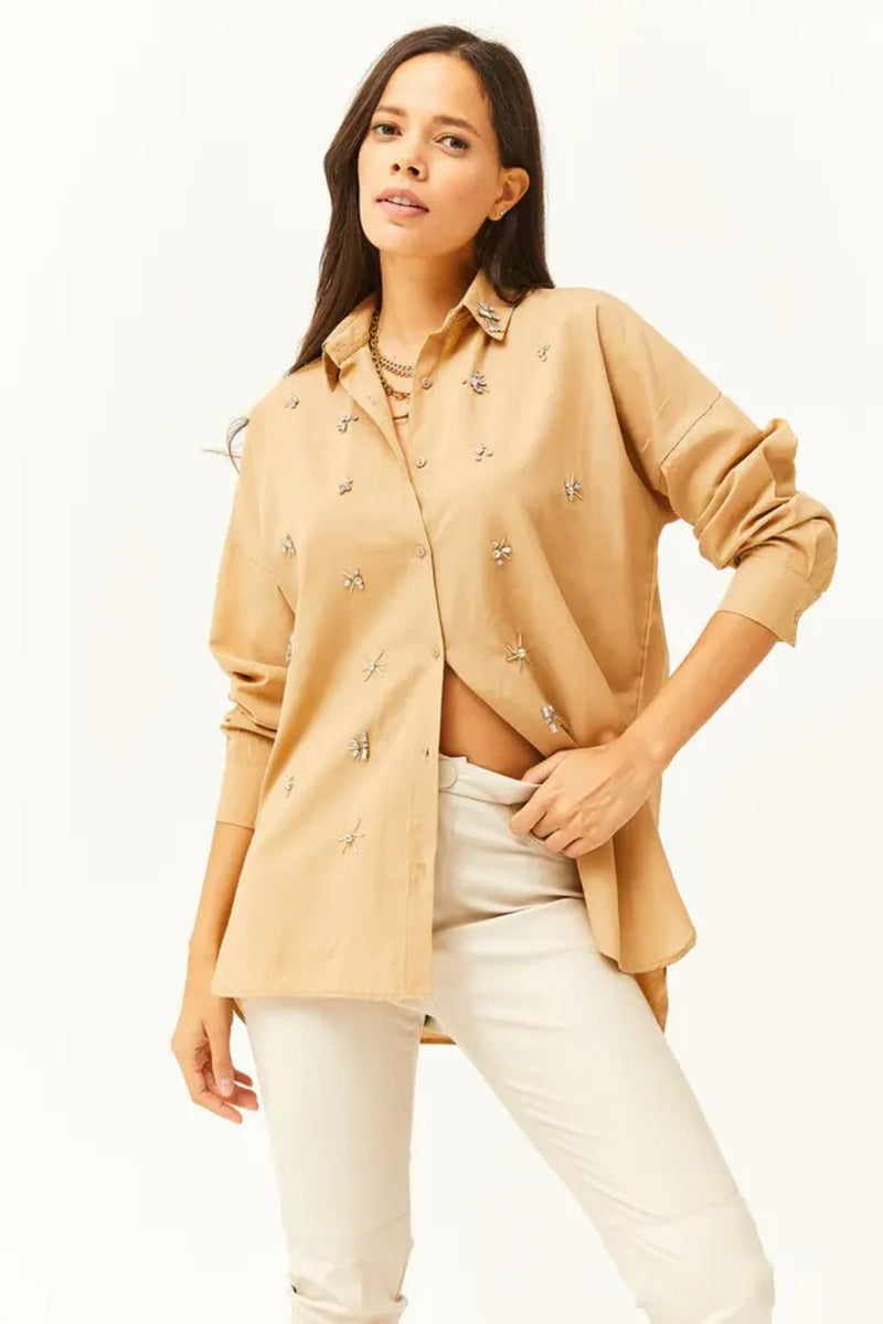 Taupe Shirt with Stone-Embellished Collar and Front, Oval Hem