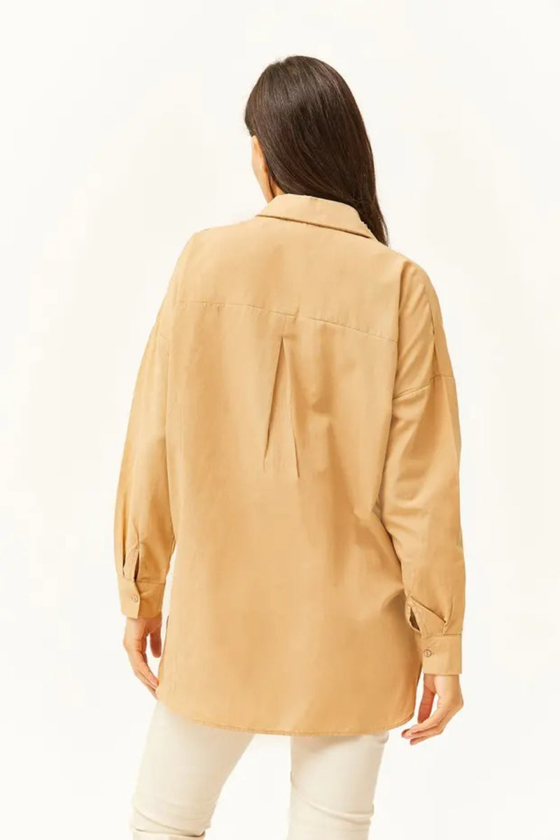 Taupe Shirt with Stone-Embellished Collar and Front, Oval Hem