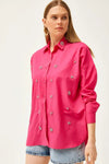 Taupe Shirt with Stone-Embellished Collar and Front, Oval Hem