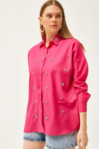 Taupe Shirt with Stone-Embellished Collar and Front, Oval Hem