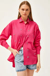 Taupe Shirt with Stone-Embellished Collar and Front, Oval Hem