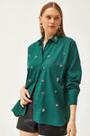 Taupe Shirt with Stone-Embellished Collar and Front, Oval Hem