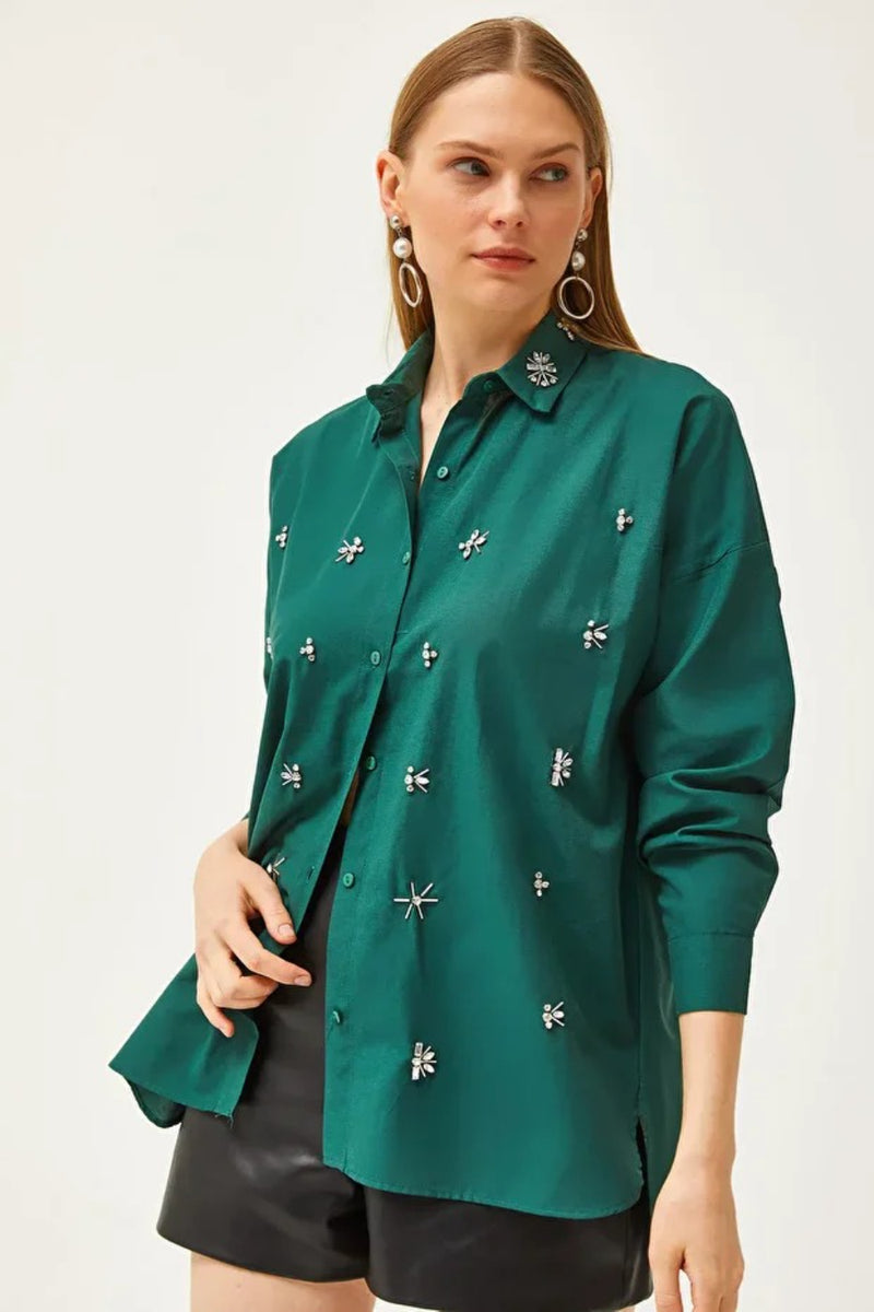 Taupe Shirt with Stone-Embellished Collar and Front, Oval Hem