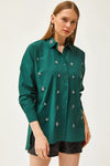 Taupe Shirt with Stone-Embellished Collar and Front, Oval Hem
