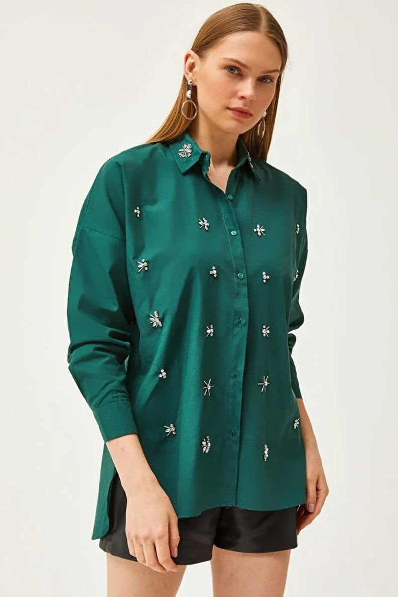 Taupe Shirt with Stone-Embellished Collar and Front, Oval Hem