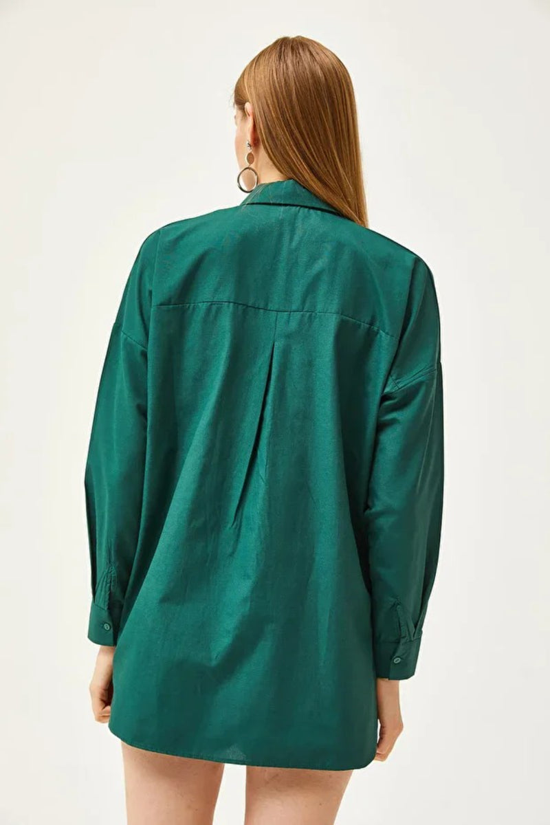Taupe Shirt with Stone-Embellished Collar and Front, Oval Hem