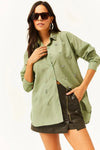Taupe Shirt with Stone-Embellished Collar and Front, Oval Hem