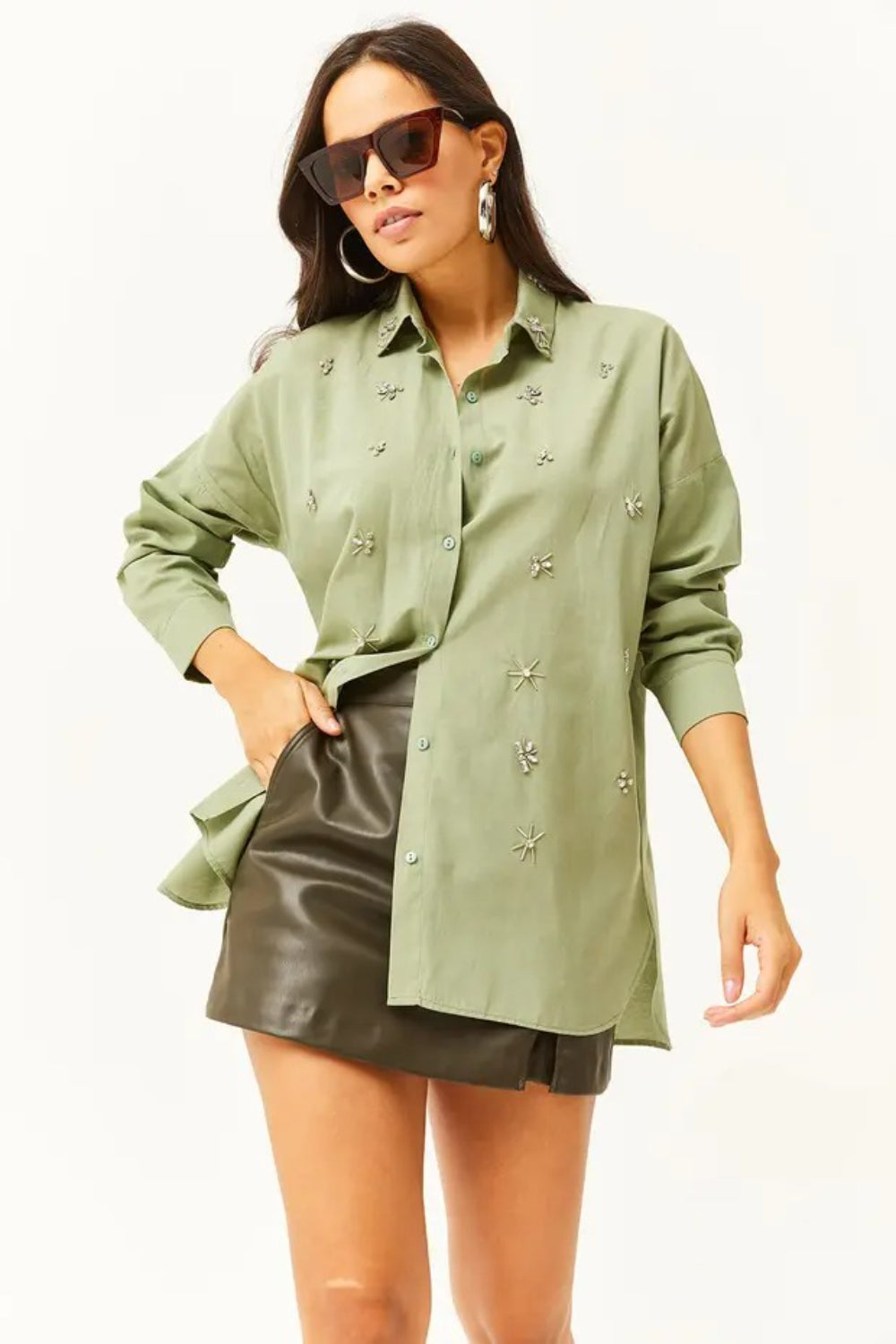 Taupe Shirt with Stone-Embellished Collar and Front, Oval Hem