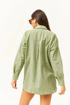 Taupe Shirt with Stone-Embellished Collar and Front, Oval Hem