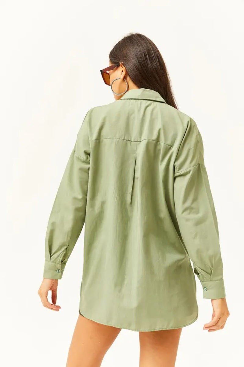 Taupe Shirt with Stone-Embellished Collar and Front, Oval Hem
