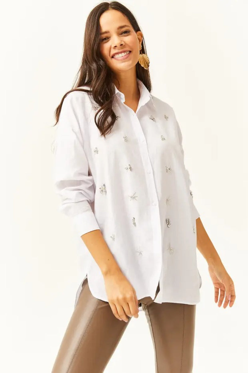 Taupe Shirt with Stone-Embellished Collar and Front, Oval Hem